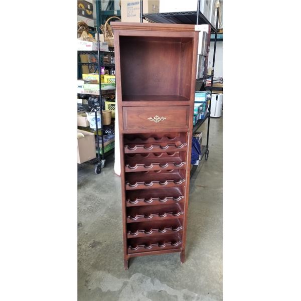 MAHOGANY BAR TOWER WITH BUILT-IN WINE RACK, PULL OUT DRAWER, AND OPEN DISPLAY SHELF