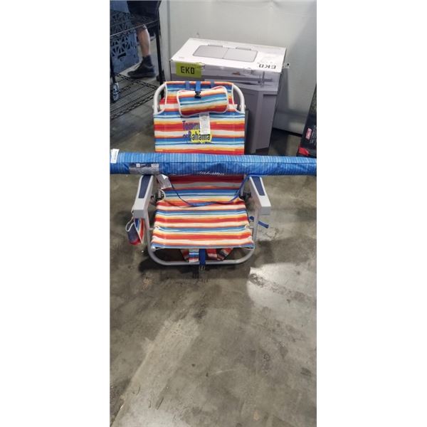 TOMMY BAHAMA BEACH UMBRELLA AND TOMMY BAHAMA FOLDING PATIO CHAIR