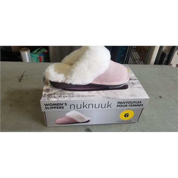 NUKNUUK WOMANS SUEDE SLIPPERS. SIZE 6. ONE IS STAINED