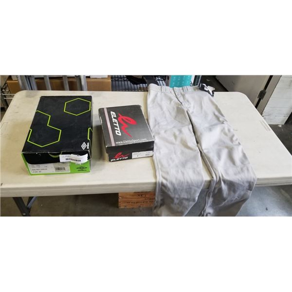 PAIR OF UMBRO SIZE 9.5 MENS RUNNERS, KIDS RUNNING SHOES, AND SLUGGAR CANADA PANTS