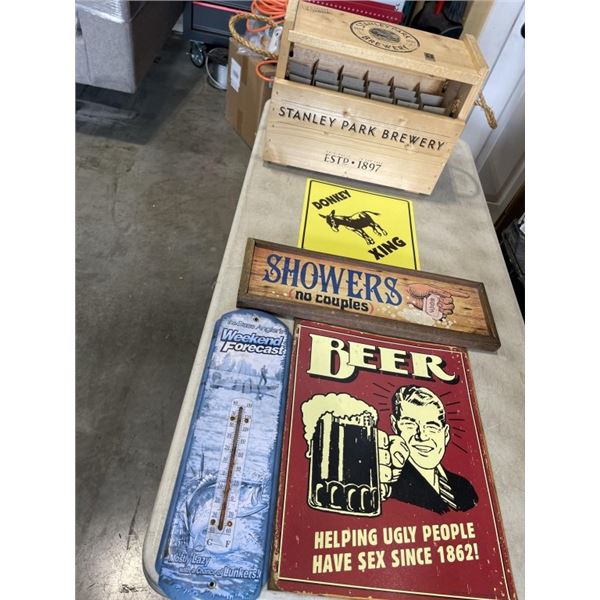 TRAY OF VINTAGE SIGNS AND STANLEY PARK BREWERY WOODEN BEER CRATE
