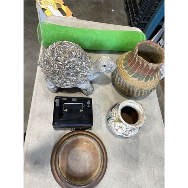TRAY OF DECORATIVE ITEMS INCLUDING STONE TURTLE, COUPLE VASES, A SAFE
