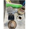Image 1 : TRAY OF DECORATIVE ITEMS INCLUDING STONE TURTLE, COUPLE VASES, A SAFE