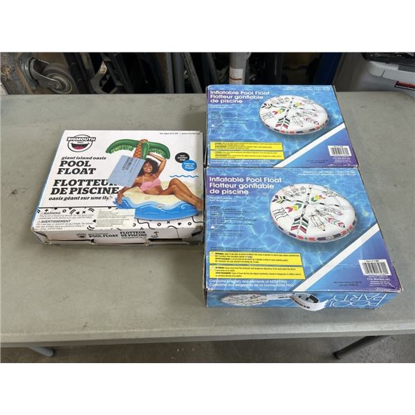 LOT OF INFLATABLES INCLUDING BIGMOUTH GIANT ISLAND OASIS POOL FLOAT, AND 2 POOL PARTY INFLATABLE POO