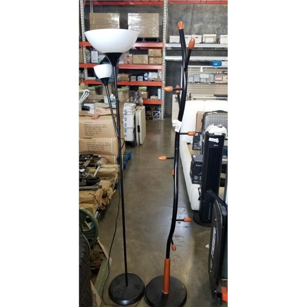 FLOOR LAMP WITH READING LIGHT AND TABLE LAMP, COAT TREE