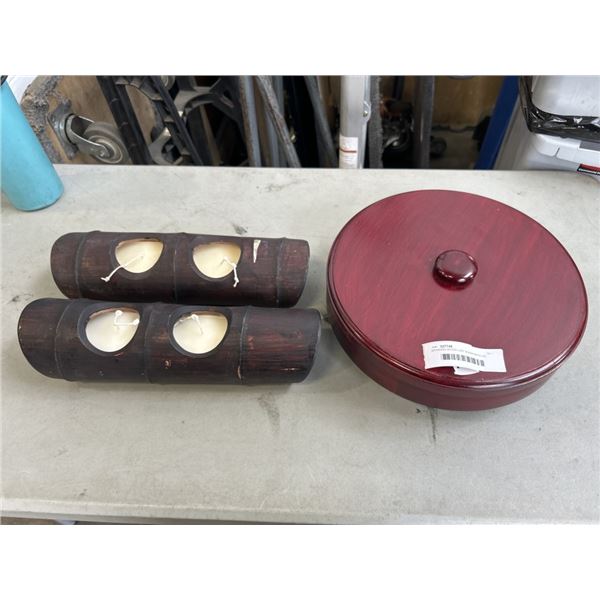 SPINNING WOOD LAZY SUSAN WITH LID AND 2 NEW BAMBOO LOOK CANDLES