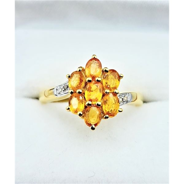 GOLD PLATED STERLING SILVER NATURAL ORANGE SAPPHIRE WITH WHITE SAPPHIRE RING, SIZE 7, W/A $750.00. S