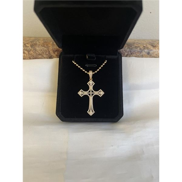 NEW 18K GOLD PLATED 48.0MM SIMULATED DIAMOND (CZ) CROSS NECKLACE, 17" LONG