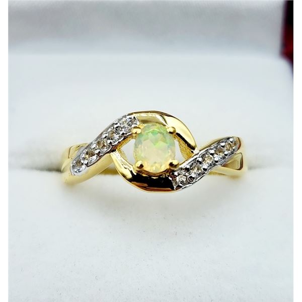 GOLD PLATED STERLING SILVER NATURAL OPAL WITH NATURAL WHITE SAPPHIRE RING, SIZE 7, W/A $750.00. OPAL