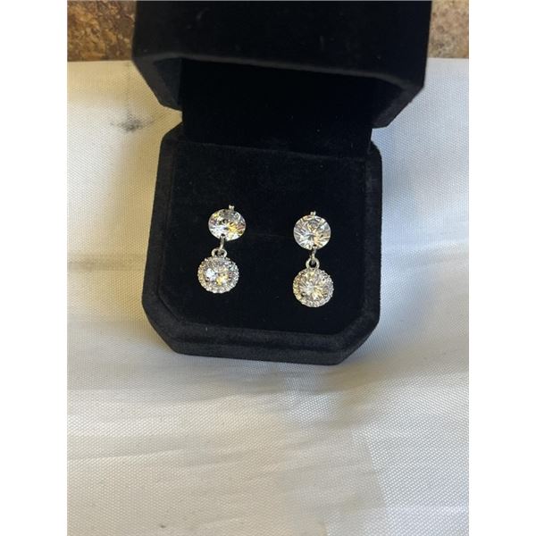 NEW S925 2.0CT + 1.0CT EACH SIMULATED DIAMOND (CZ) HALO DANGLE EARRINGS, STERLING SILVER W/ WHITE GO