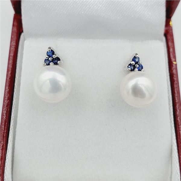 STERLING SILVER CULTURED PEARL 9.3MM WITH NATURAL BLUE SAPPHIRE EARRINGS, W/A $750.00.