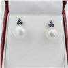 Image 1 : STERLING SILVER CULTURED PEARL 9.3MM WITH NATURAL BLUE SAPPHIRE EARRINGS, W/A $750.00.