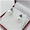 Image 2 : STERLING SILVER CULTURED PEARL 9.3MM WITH NATURAL BLUE SAPPHIRE EARRINGS, W/A $750.00.