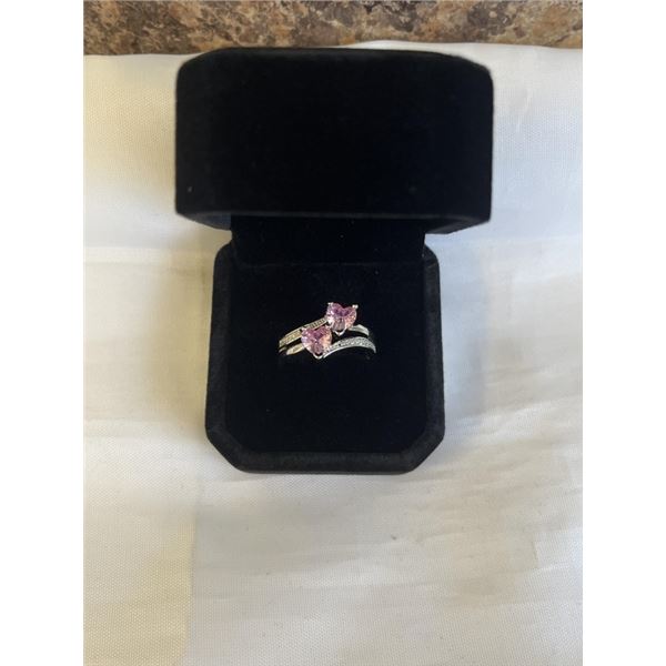 NEW PLATIUNUM PLATED 1.0CT HEART CUT LAB CREATED PINK SAPPHIRE DOUBLE HEART RING, SIZE 7