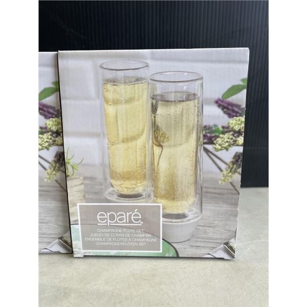 SET OF 4 NEW EPARE CHAMPAGNE FLUTE SET, DUAL WALL INSULATED GLASS RETAIL $45 EACH, TOTAL $90
