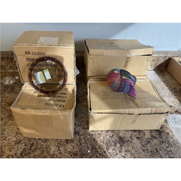 3 BOXES OF TEALIGHT HOLDERS AND 3 BOXES GLASS PILLAR HOLDERS