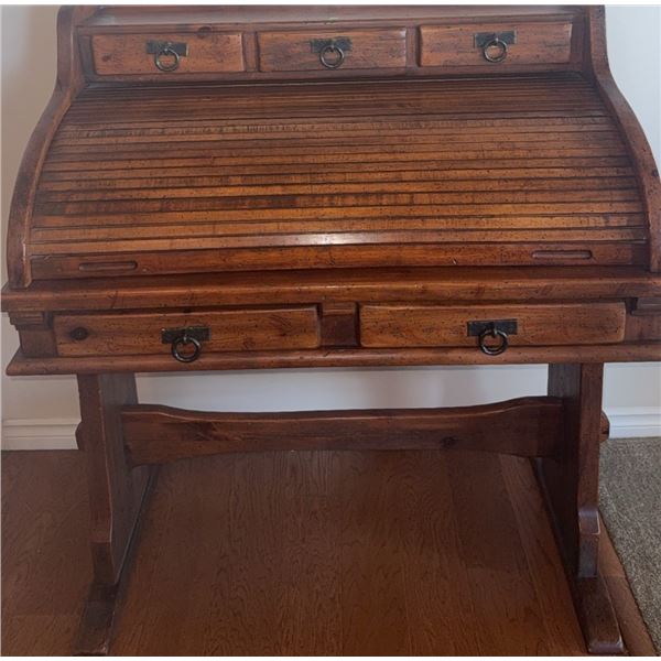 Rawhide Wooden Roll Top Desk with Five Drawers and Pigeonholes
