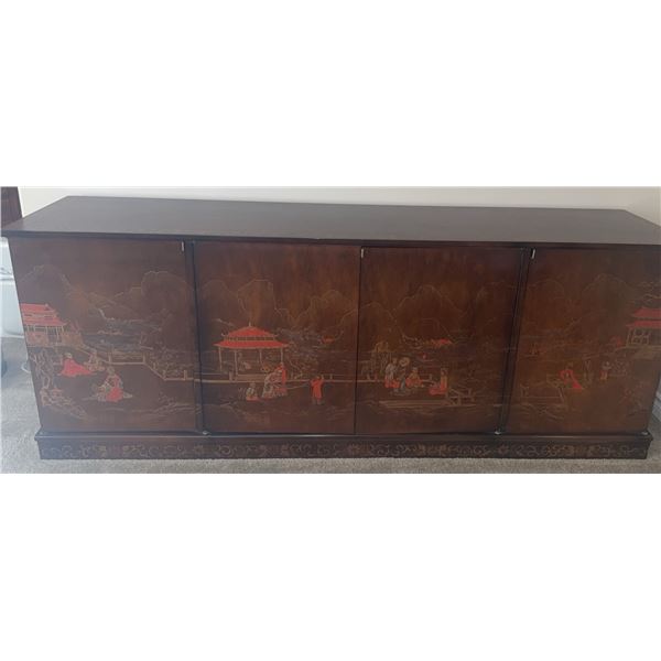 Hand-Painted Lacquered Wood Cabinet with Asian Landscape Motif