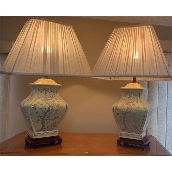 Porcelain Table Lamps with Floral Tree Design and Pleated Shades