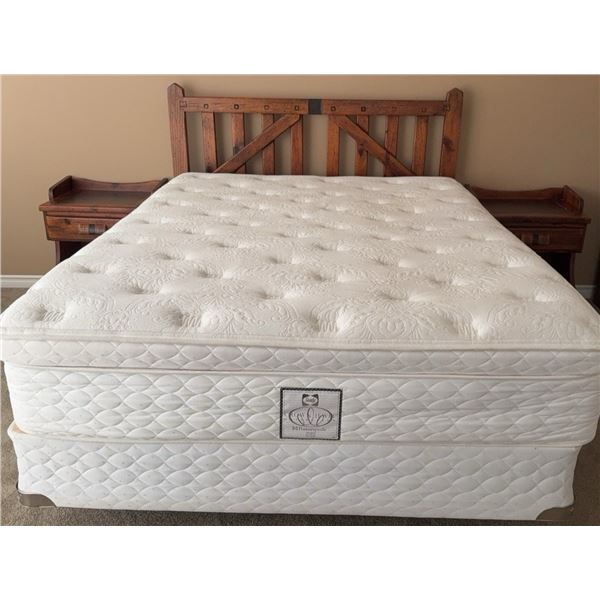 Queen Sealy Posturepedic Crown Jewel Mattress Set with Rawhide Rustic Wood Bed Frame and Nightstands