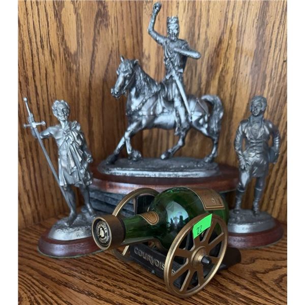 Three Metal Scottish Historical Figurines and Courvoisier Cognac Bottle Cannon Display