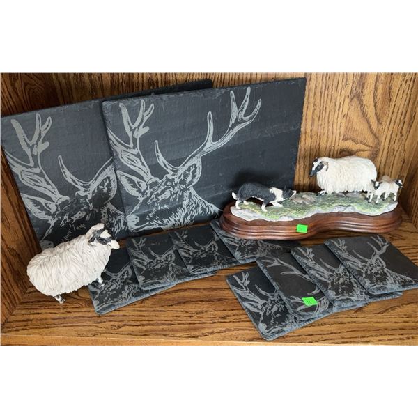 Figurine Group by Border Fine Arts and Deer Motif Slate Coaster Set