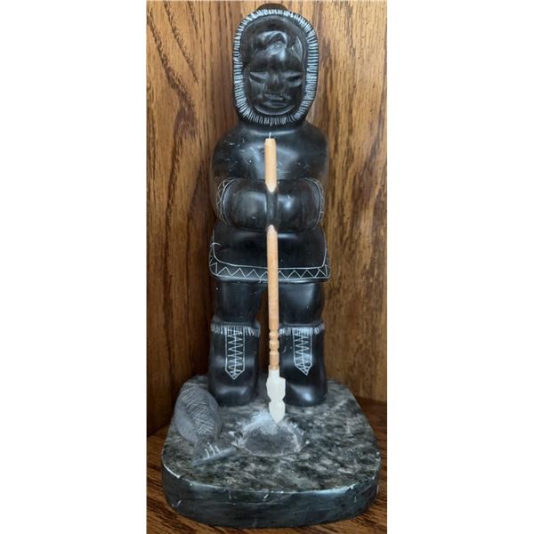 Signed Mark Paul Inuit Soapstone Sculpture with Spear and Seal