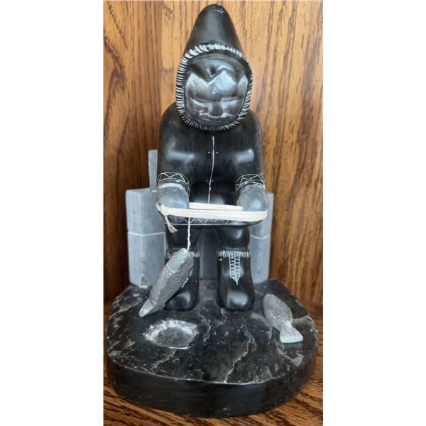 Soapstone Carving Signed by Harold Paulhus Fishing Inuit Figure