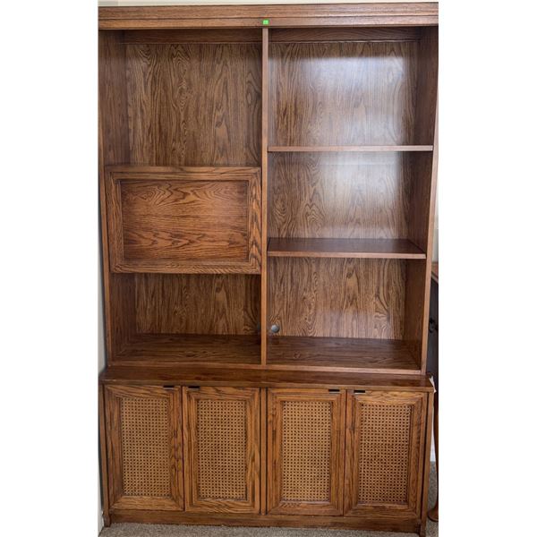 Wood Bookcase with Cane Front Cabinet Doors and Adjustable Shelves