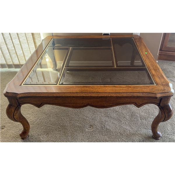 Glass Top Wood Coffee Table with Partitioned Panels and Cabriole Legs
