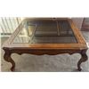Image 1 : Glass Top Oak Wood Coffee Table with Partitioned Panels and Cabriole Legs
