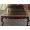 Image 2 : Glass Top Oak Wood Coffee Table with Partitioned Panels and Cabriole Legs