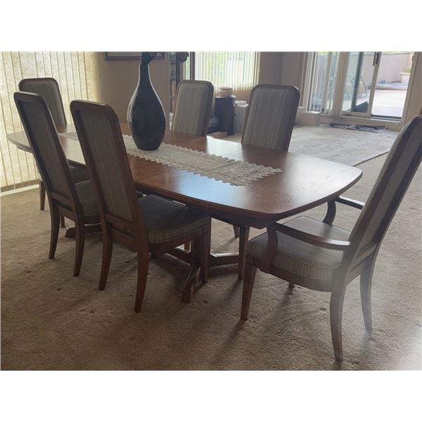 Oak Dining Table with Six Upholstered High-Back Chairs