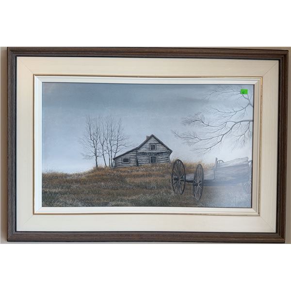 Framed Print of Rural Barn and Wagon Scene Signed by Artist