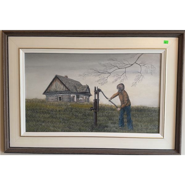 A. H. Urbanek Framed Painting of Child at Water Pump with House