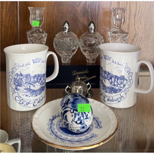 Lot: Edinburgh Mugs, Crystal Salt and Pepper, and more
