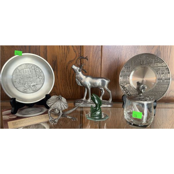 Decorative Collectibles Including Pewter Plates, Glass Jar, Animal Figures