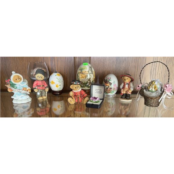 Cherished Teddies Figurines with Decorative Ceramic Eggs and Basket Lot