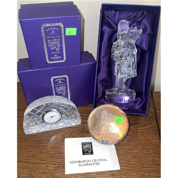 Edinburgh Crystal 'Classical' Clock, Bagpiper Figure, and Engraved Paperweight Set