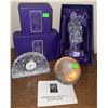 Image 2 : Edinburgh Crystal 'Classical' Clock, Bagpiper Figure, and Engraved Paperweight Set