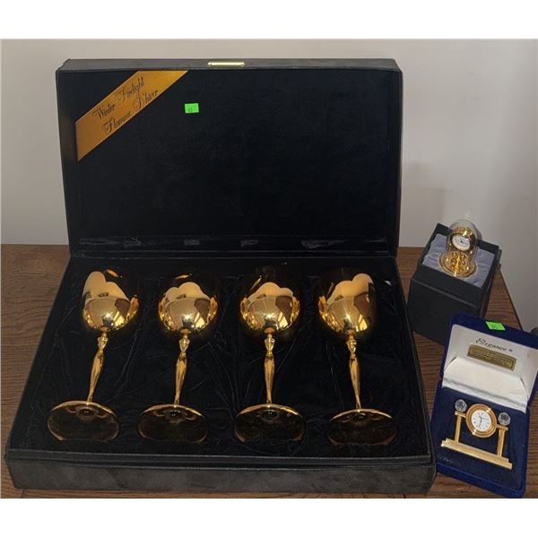 Koch & Bergfeld Damast Silver Goblets with Box and Two Small Desk Clocks