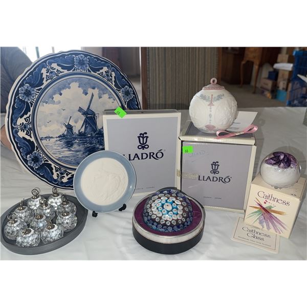 Group Lot: Delft Plate, Lladró Ceramic, Glass Ornaments, Paperweights, Caithness Glass