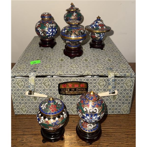 Five Chinese Cloisonné Lidded Jars on Stands with Decorative Storage Box