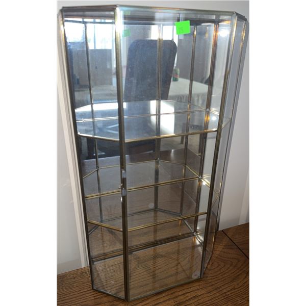 Wall-Mount Brass and Glass Display Cabinet with Four Shelves