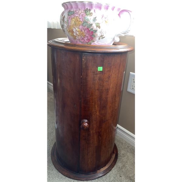 Wooden Washstand Cabinet with Floral Ceramic Pitcher and Bowl