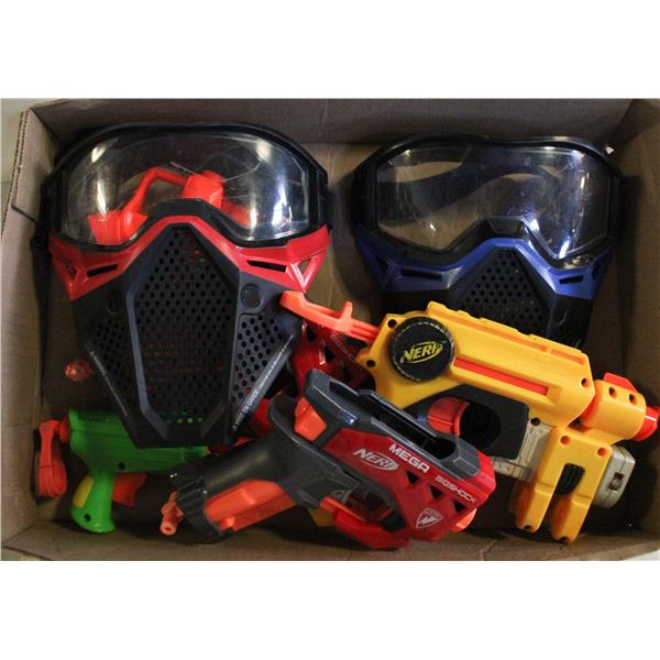 LOT OF NERF HANDGUNS AND FACE MASKS