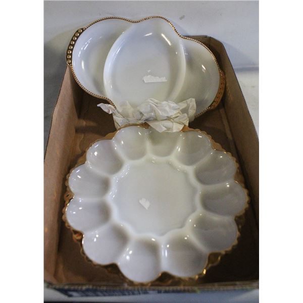 MILK GLASS GOLD TRIMMED SERVING DISHES (2)