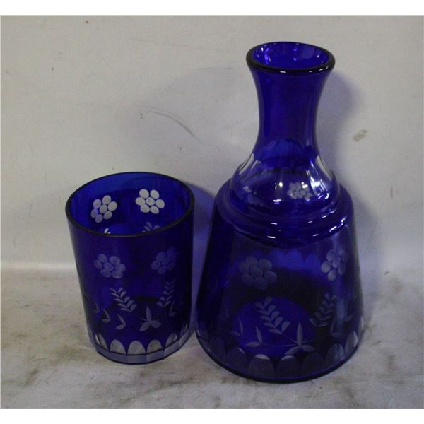 VINTAGE COBALT BLUE CUT TO CLEAR FLOWERS