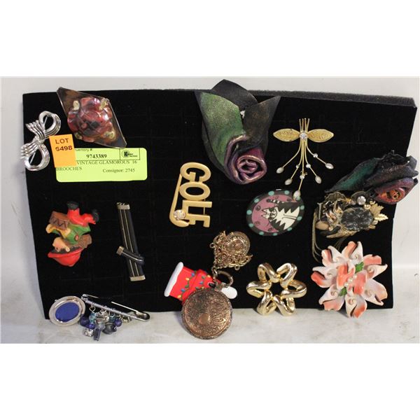 FLAT OF VINTAGE GLAMOROUS  16 BROOCHES
