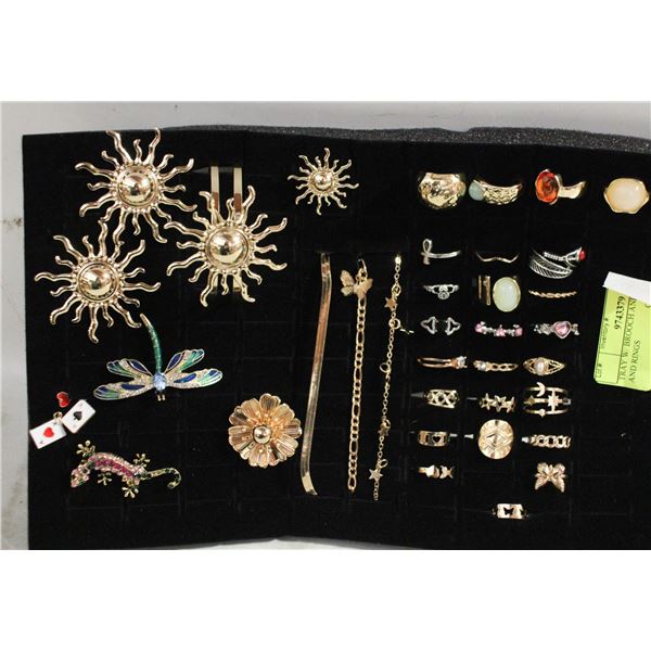 TRAY W/ BROOCH AND BRACELETS AND RINGS